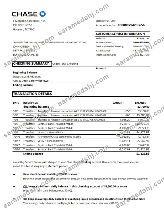 USA Chase account statement